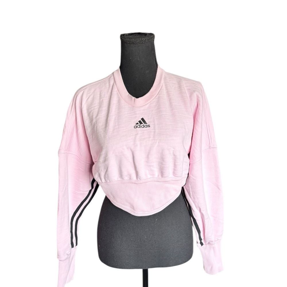 Adidas Pink Cropped Sweatshirt Small Y2K Balletcore Athleisure 3-Stripe Pullover